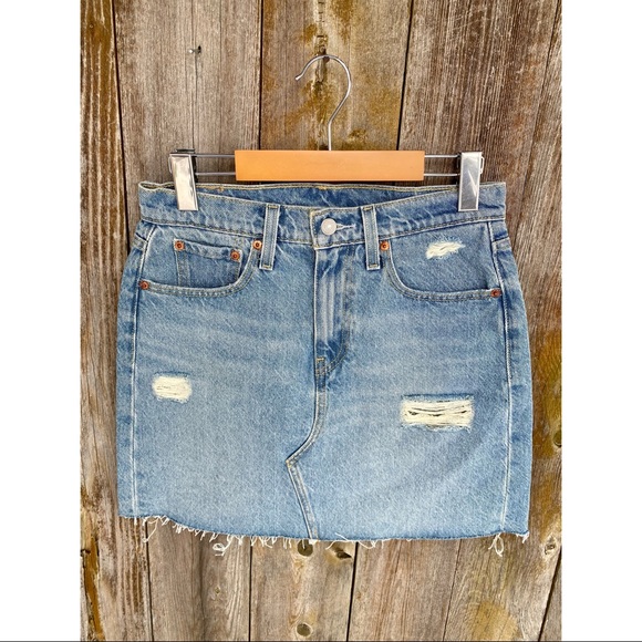 LEVIS denim jean raw hem distressed mini skirt - Picture 1 of 7